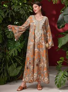 Al Najma Floral Print Patchwork Ribbon Detail Loose Fit Round Neck Dress, Modest - Multicolor - View 4