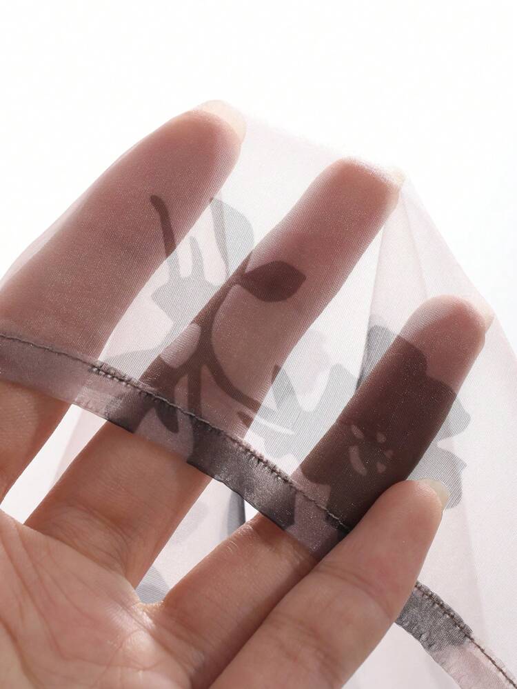 Women's Floral Print Round Neck Long Sleeve Blouse With Puff Sleeves Sheer