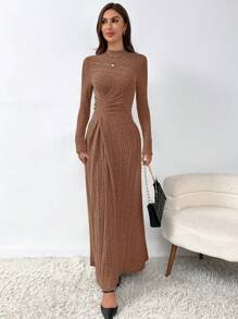 SHEIN Privé Solid Color Ribbed Pleated Waist Wrap Dress