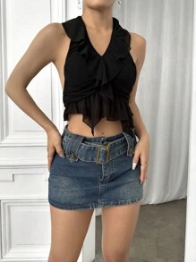 SHEIN Unity Damen-tanktop Mit Gespleißtem Neckholder Und Rüschensaum - Schwarz - Übersicht 5