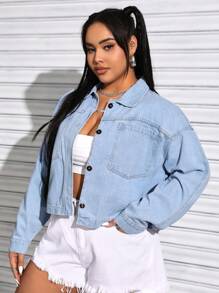 CovetEZ Plus Size Short Cut Denim Jacket With Drop Shoulder - Blue - View 6