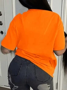 SHEIN Plus Size Emoticon Print Round Neck T-Shirt Women Graphic Tee Top For Summer - Orange - View 2