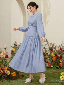 Modelyn 女款純色燈籠袖連衣裙 - 藍色 - 查看 3