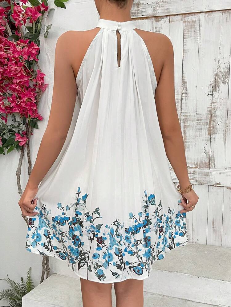 Women's Floral Printed Pleated Halter Neck Dress