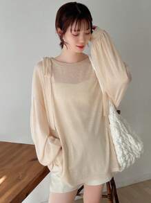 FRIFUL Camiseta casual holgada de mujer con caída de hombros y unicolor, transparente