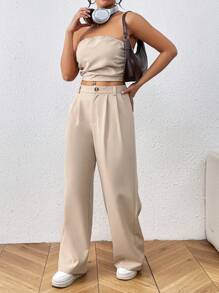Chiquease Women's Plain Strapless Top And Pocketed Pants Set