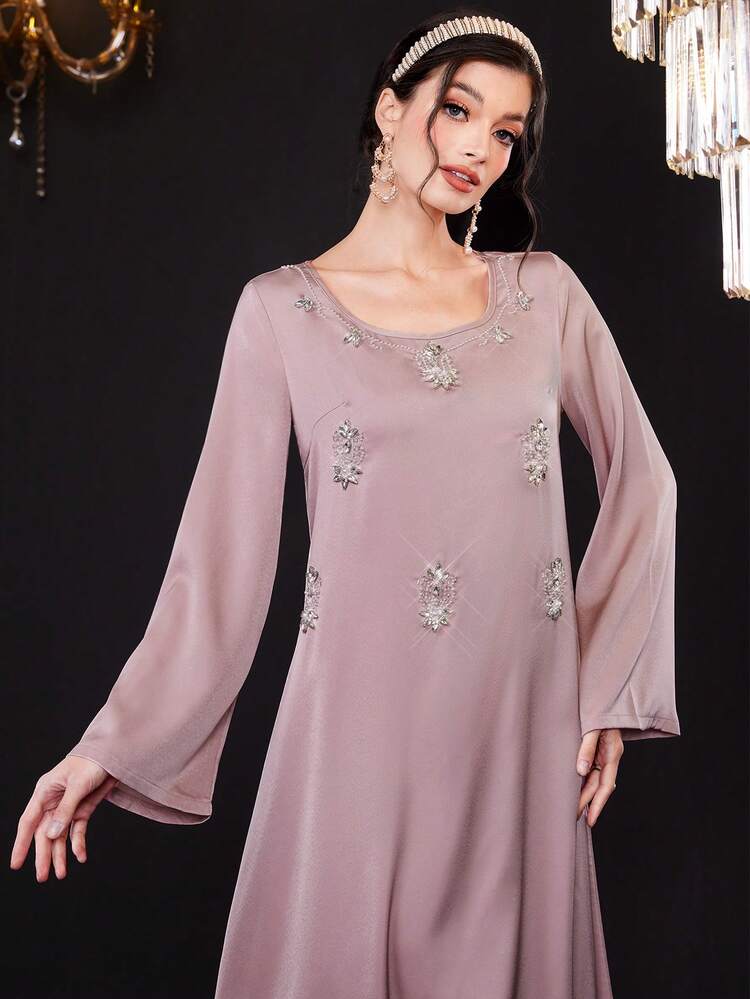 Women's Rhinestone Decorated Flared Sleeve Dress Fall Cloth For Women