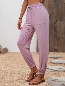 Breezaya Của phụ nữ Màu thuần Eo dây rút Đã bỏ túi Trở viền Quần - Hồng - Xem 6