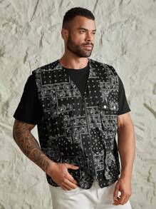 Manfinity VCAY Men's Plus Size Woven Casual Paisley Print Vest, For Fall Winter - Black and White - View 1