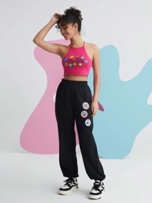 Mr Men Little Miss X SHEIN Cartoon And Letter Graphic Halter Top & Joggers - Multicolor - View 3