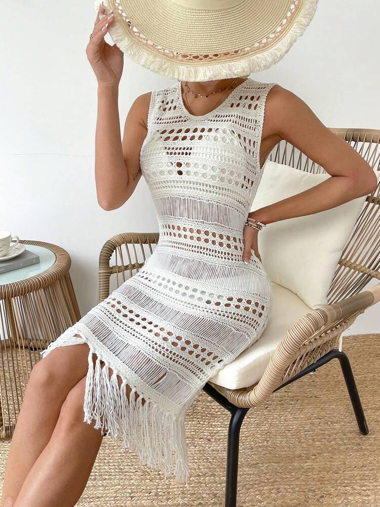 Women's Hollow Out Knitted Fringe Hem Sweater Dress