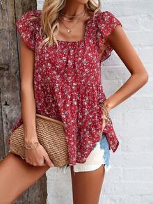 Elegant Floral Print Square Neck Top - Red - View 6