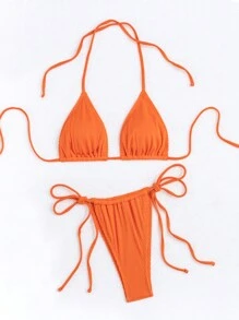 SHEIN Swim Ladies' Solid Halter Two-Piece Bikini Set, Summer Beach Bathing Suit - Orange - View 4