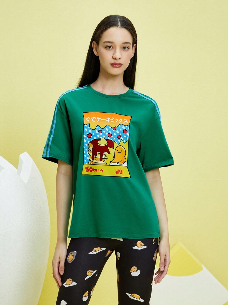 Gudetama X SHEIN Camiseta De Manga Corta Con Diseño De Dibujos Animados Y Franjas De Contraste En Los Lados - Verde - Añade 1