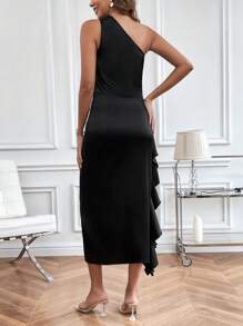 SHEIN Clasi Women's One Shoulder Sleeveless Top And Split High Waisted Skirt With Ruffle Trim Set Bridal Shower Dress - Black - View 2