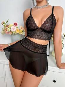 Bộ 2 chiếc/Bộ đồ lót ren lưới gợi cảm không dây cho nữ khi đi chơi, phong cách Baddie - màu đen - Xem 4