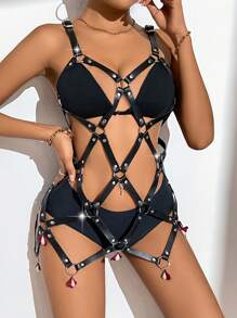 Spicy Aura Women's Leather Lingerie Dress With Round Rings, One-Piece Outfit - Black - View 1
