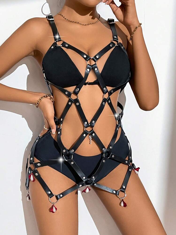 Women's Leather Lingerie Dress With Round Rings, One-Piece Outfit
