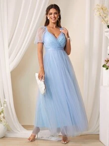 SHEIN Belle Thanh lịch Và Lãng mạn Lưới Váy phù dâu - Màu xanh lam - Xem 3