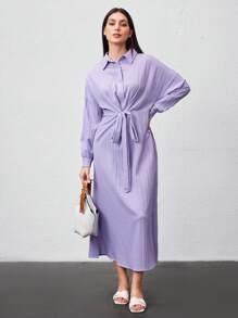 Mulvari Women's Solid Color Batwing Sleeve Tie Waist Dress - Purple - View 5