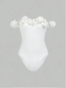 Enchnt Của phụ nữ Off Shoulder Áo liền quần chặt Với 3D Hoa Đồ trang trí - trắng - Xem 7