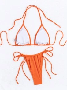 SHEIN Swim Ladies' Solid Halter Two-Piece Bikini Set, Summer Beach Bathing Suit - Orange - View 2