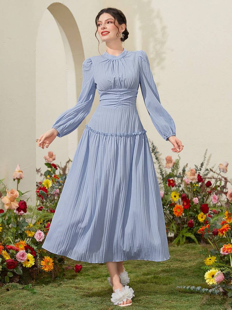 Modelyn 女款純色燈籠袖連衣裙 - 藍色 - 查看 1