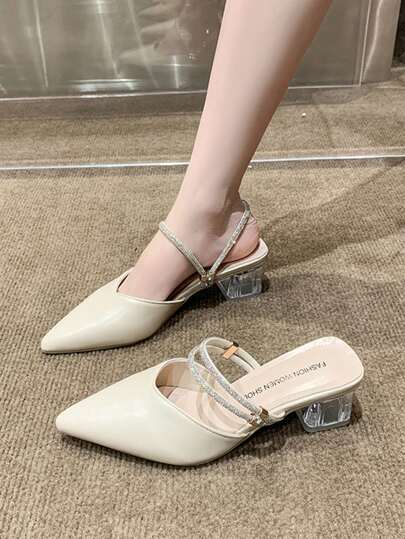 2025秋冬季女士尖头高跟鞋，新款夏季粗跟水钻装饰纯色凉鞋，日常休闲淑女款闭趾透明高跟穆勒鞋，优雅女士高跟鞋