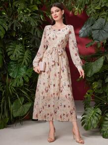 Modelyn Vestido largo de manga larga con estampado floral, vestido de noche largo para mujeres en otoño