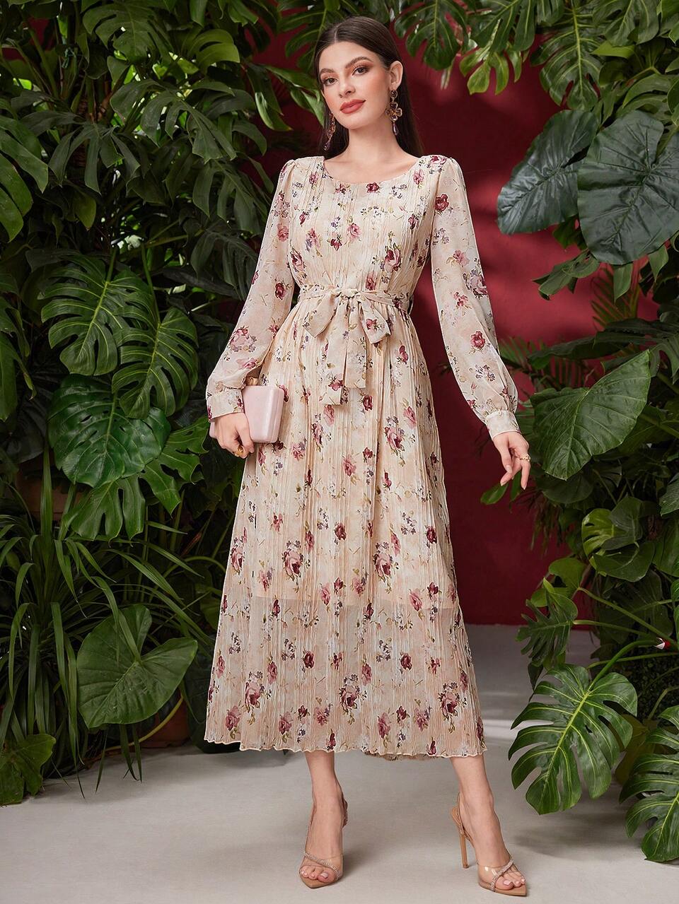 Women's Floral Print Long Sleeve Dress Long Evening Dresses Fall Cloth For Women