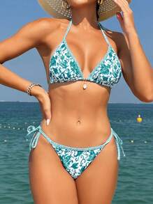 SHEIN Swim Summer Beach Ladies' Plant Printed Halter Neck Separates Bikini Set - Green - View 3