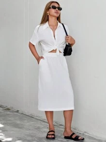 SHEIN Essnce Conjunto De Dos Piezas Con Camisa De Botones Y Falda Con Textura Lisa - Blanco - Ver 7