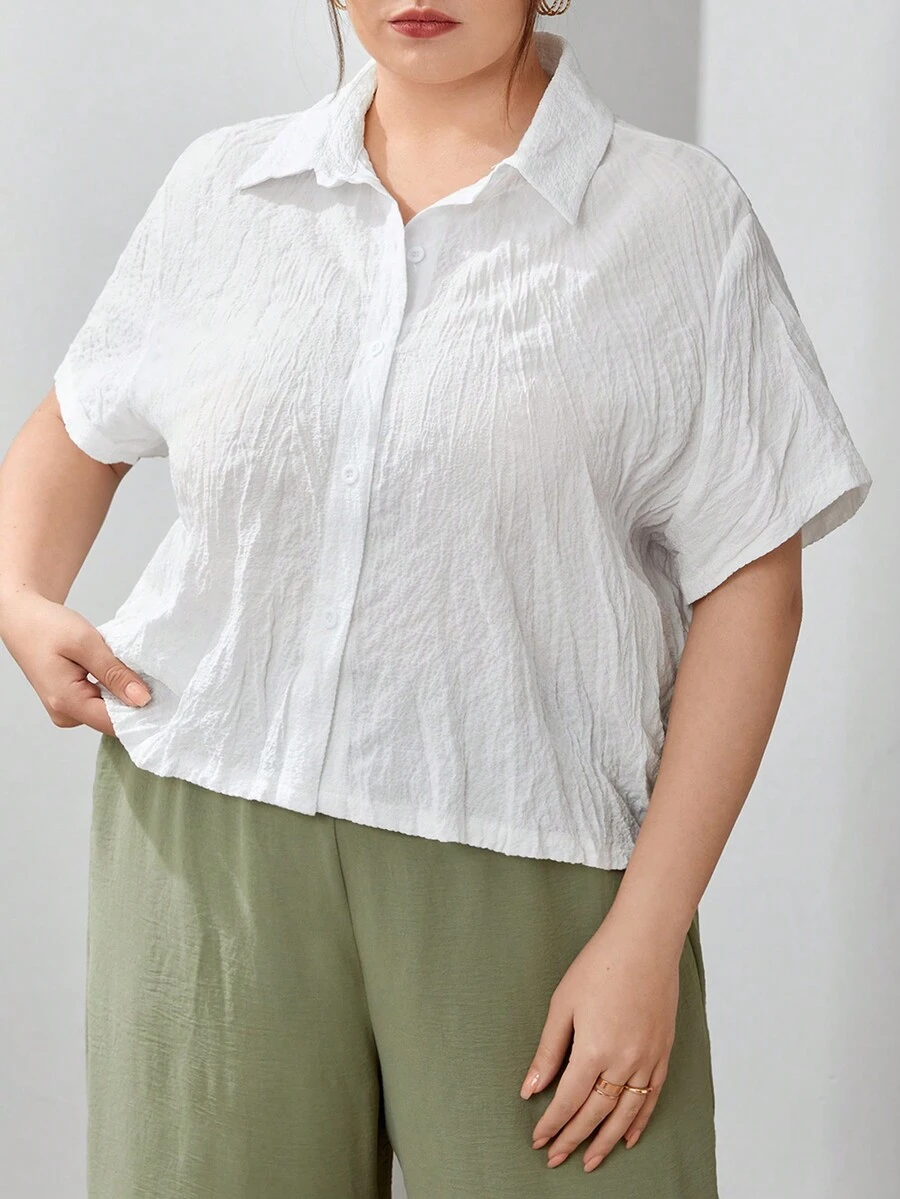 SHEIN Essnce Kích thước lớn Màu thuần Áo sơ mi Với Kết cấu - trắng - Xem 1