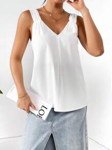 SHEIN Essnce 女款夏季無袖上衣，獨特肩帶、褶皺和時尚設計，適合作為內搭 - 白色 - 查看 4