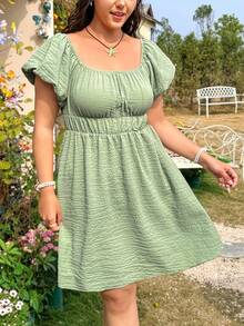 Dreamara 大尺碼女款燈籠袖高腰連身裙 - 綠色 - 查看 4