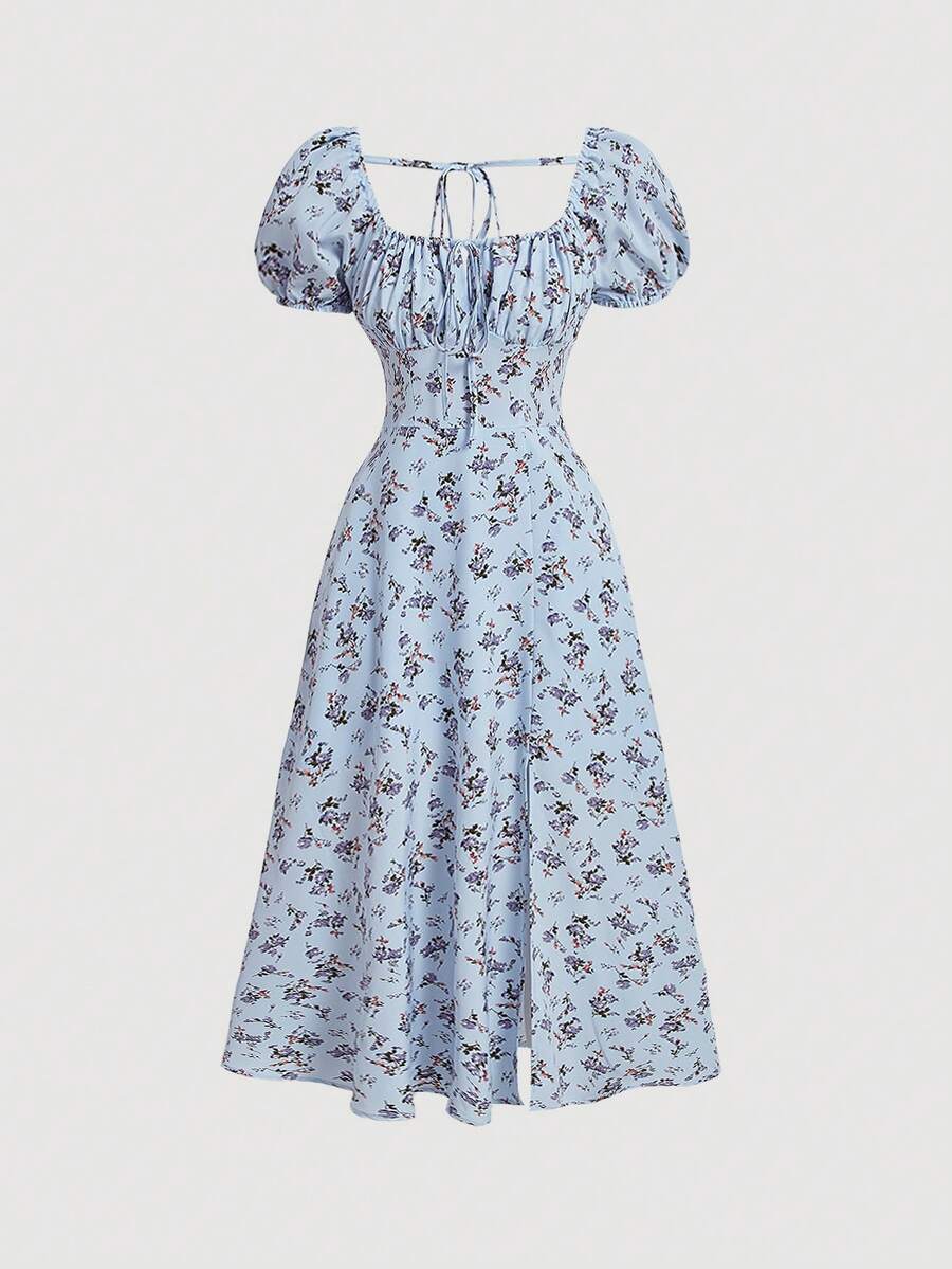 SHEIN MOD Mini Floral Printed A-Line Dress With Square Neckline And Puff Sleeves - Blue - View 1