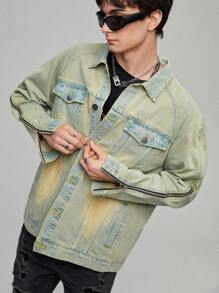 Manfinity Roghcode Men's Raglan Long Sleeve Denim Jacket - Green - View 3