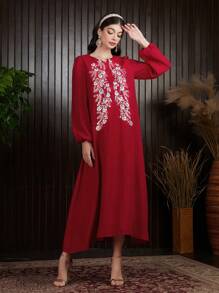 Al Najma 酒红色花朵刺绣灯笼袖缺口领口连衣裙