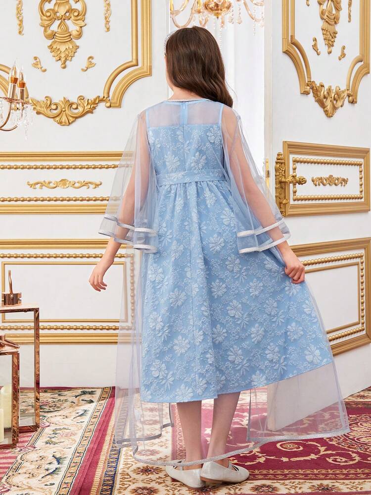 Tween Girls' Loose Fit Casual Jacquard Dress With Mesh Jacket 2pcs/Set