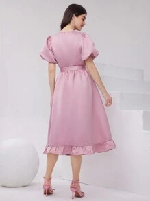 Modelyn Women's Round Neck Short Puff Sleeve Pink Dress With Ruffled Hem, For Spring, Summer - Pink - View 2