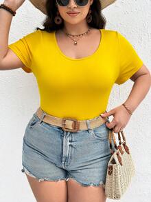 SHEIN CURVE+ 大尺碼女士純色圓領短袖連身衣 - 黃色 - 查看 5