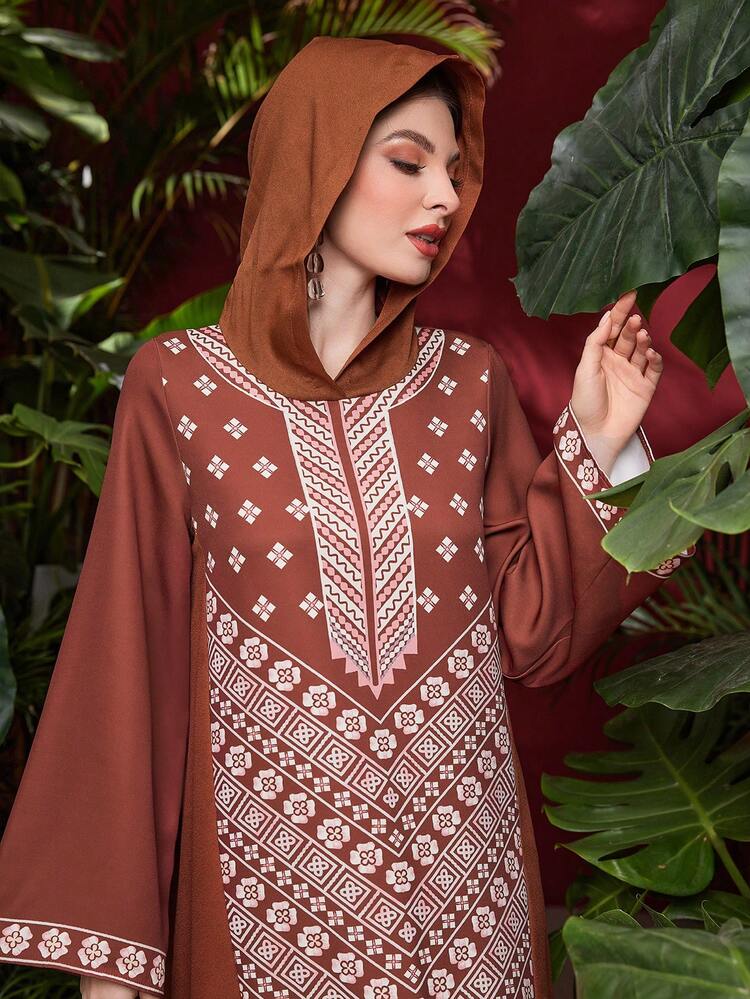 Geometric Printed Hooded Abaya Dress