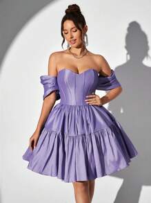 SHEIN Belle Của phụ nữ Màu thuần Off Shoulder Đầm tiệc rượu - Màu tím hoa cà - Xem 3