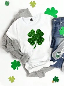 聖派翠克節女時尚休閒短袖 T 卹,帶閃光三葉草圖案
