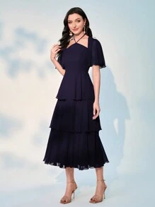 Modelyn Contrast Mesh Detailing Waist Cinched Multi-Tiered Hem Dress - Navy Blue - View 3