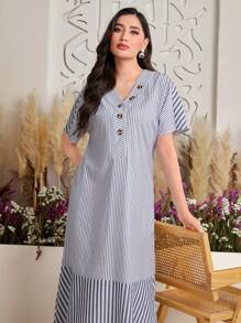 Mulvari Vestido De Murciélago De Manga Corta Con Detalle De Botón Y Estampado De Rayas Para Mujer - Azul - Ver 5