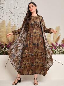 Seusyu 花卉印花圆领修身喇叭裙和灯笼袖外套两件套 - 棕色 - 查看 5