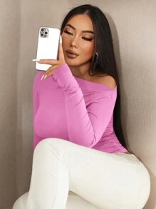 SHEIN SXY 秋季性感镂空不对称单肩长袖 T 恤 - 粉色 - 查看 5