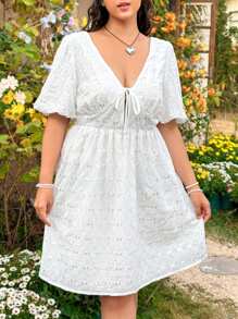 Dreamara Plus Size Women's Deep V-Neck Lantern Sleeve Dress - White - View 5