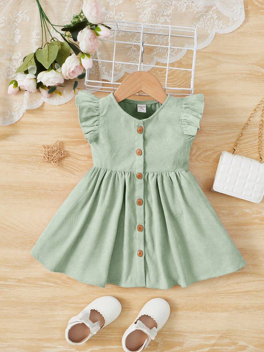 Adorable Baby Girl Cap Sleeve Single Breasted Dress - Green - View 1